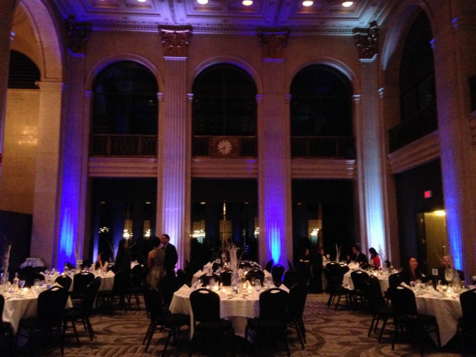 Blue and White One King West Corporate Event DJ provides music, sound and lighting experience